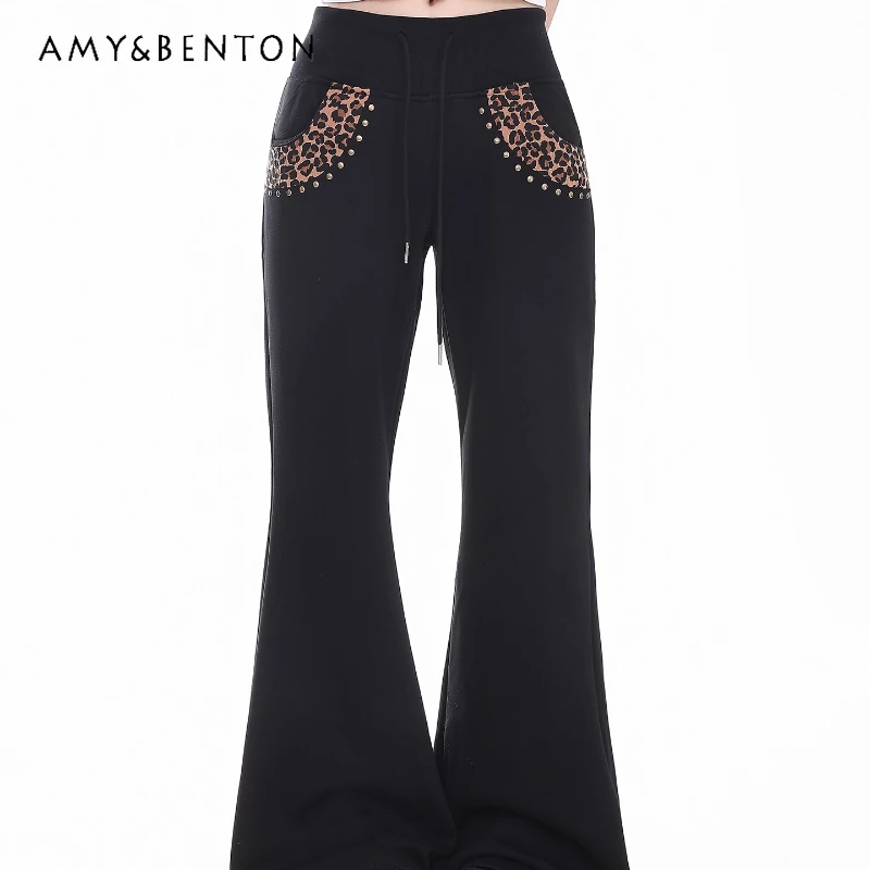 Pantalones informales acampanados con forro polar gris para mujer, diseño Vintage, estampado de leopardo, empalme, adelgazantes, hasta el suelo, para invierno