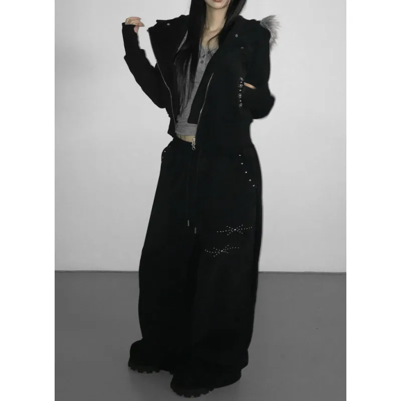European and American street tie casual y2k retro Harajuku hot stamping straight leg pants high waisted hip-hop sports pants