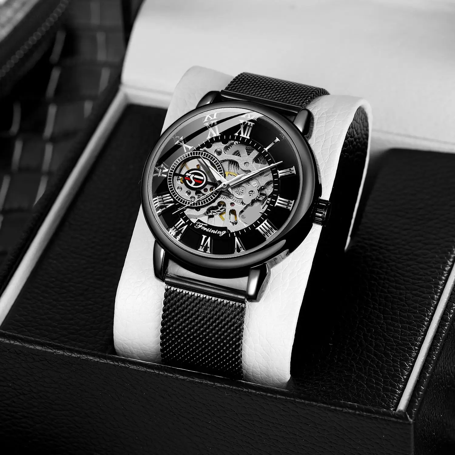 Forsining Classic Retro Mechanical Watches Luminous Hands Luxury Skeleton Watch for Men Black Mesh Stainless Steel Strap Clock