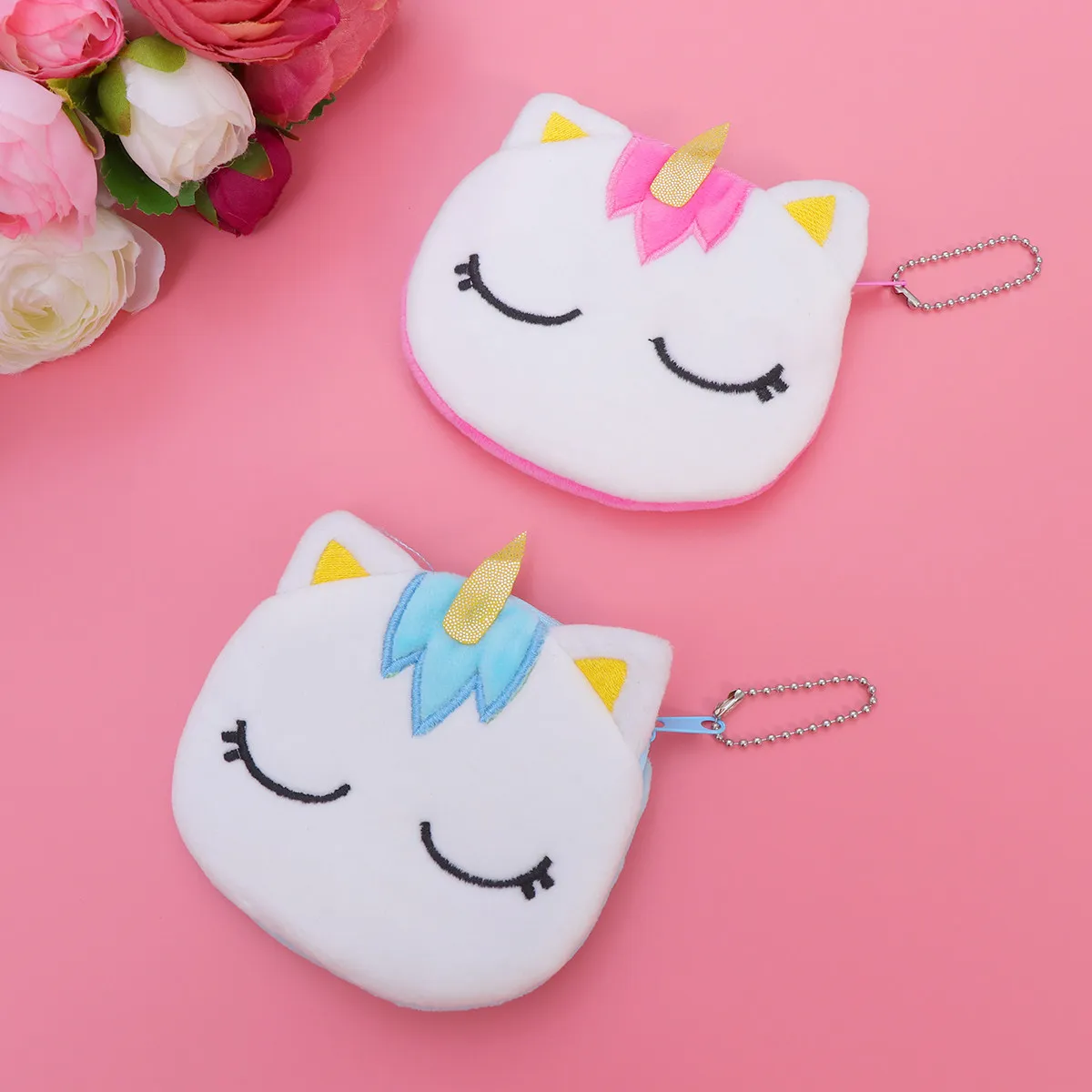 

2Pcs Mini Unicorn Zippered Change Pouch Soft Touch Fabric Secure Snap Closure Small Wallet for Coins Cash Cards Keys Loose