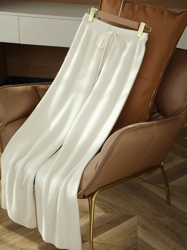 

High Waist Knitted Wool Wide Leg Pants Women's Autumn Winter Loose Casual Floor Length Trousers Commute Sle Pure Color