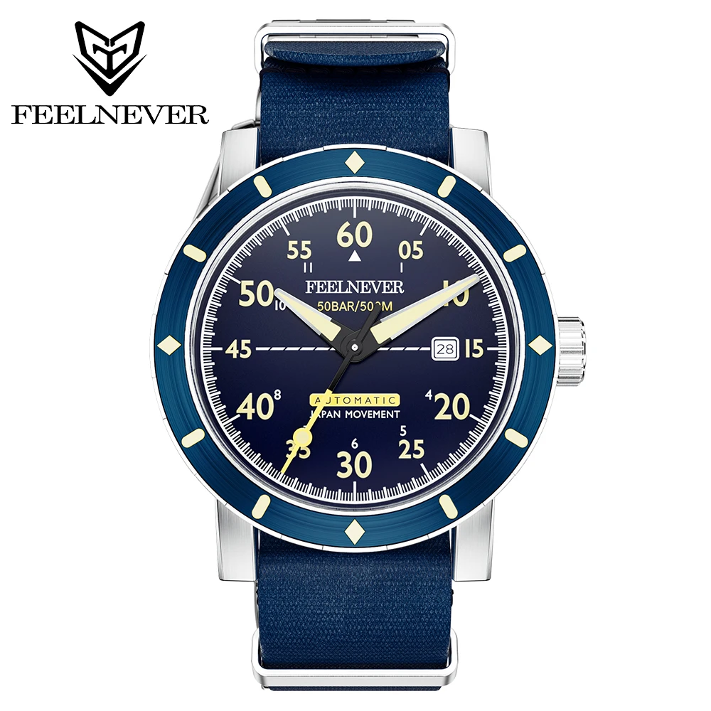 FeelNever New Professional Outdoor Sports 8215 Men Automatic Mechanical Watches Sapphire 50Bar Diving Nylon Strap reloj hombre