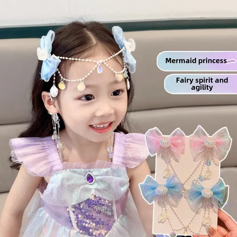 เด็กโบว์หน้าผาก CHAIN หน้าผากตกแต่ง Mermaid Pearl พู่ Hairpin สาว Mermaid หูแขวนสาว Headdress