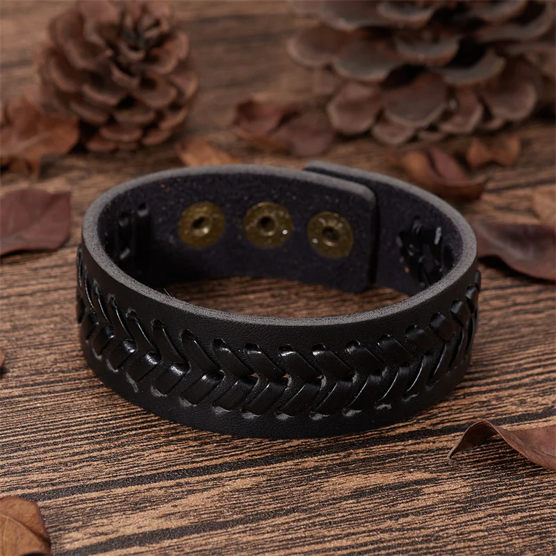 Vintage Black Brown Braided Wide Wrap Bracelets For Men Punk Buckle Leather Bracelet & Bangle Couple Wristband Jewelry Male Gift