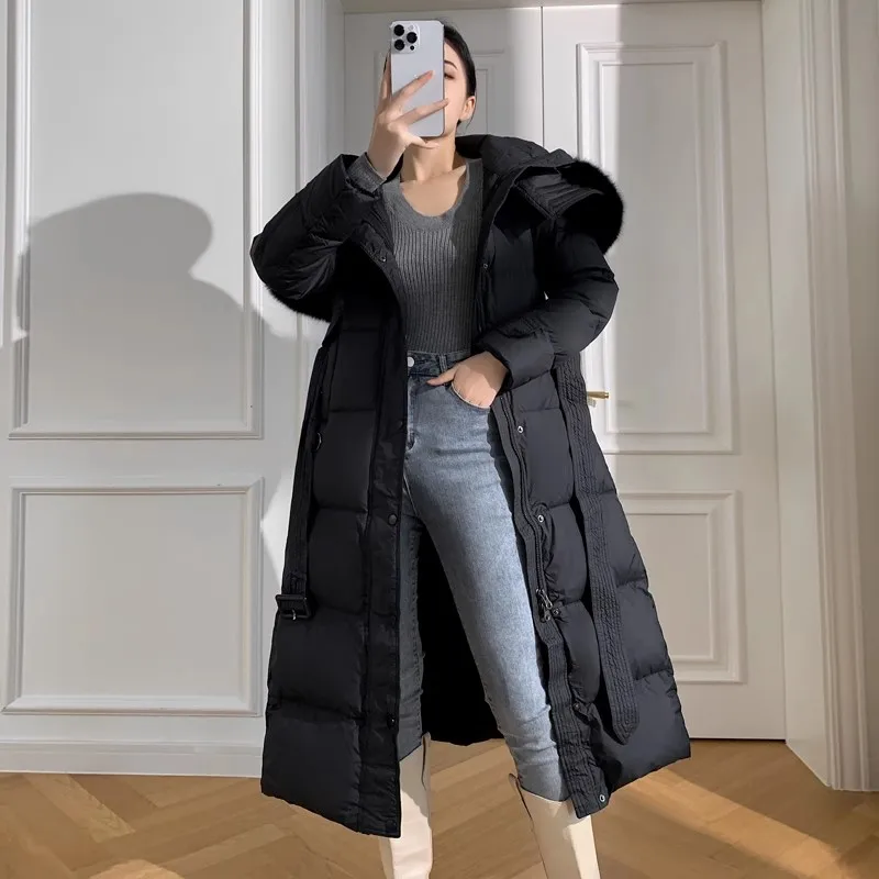 Veste à capuche en fourrure de torche naturelle pour femme, longue combinaison de duvet avec ceinture, parkas chaudes pour femme, oie blanche, veste d'hiver, UR, nouveau, optique, 2024