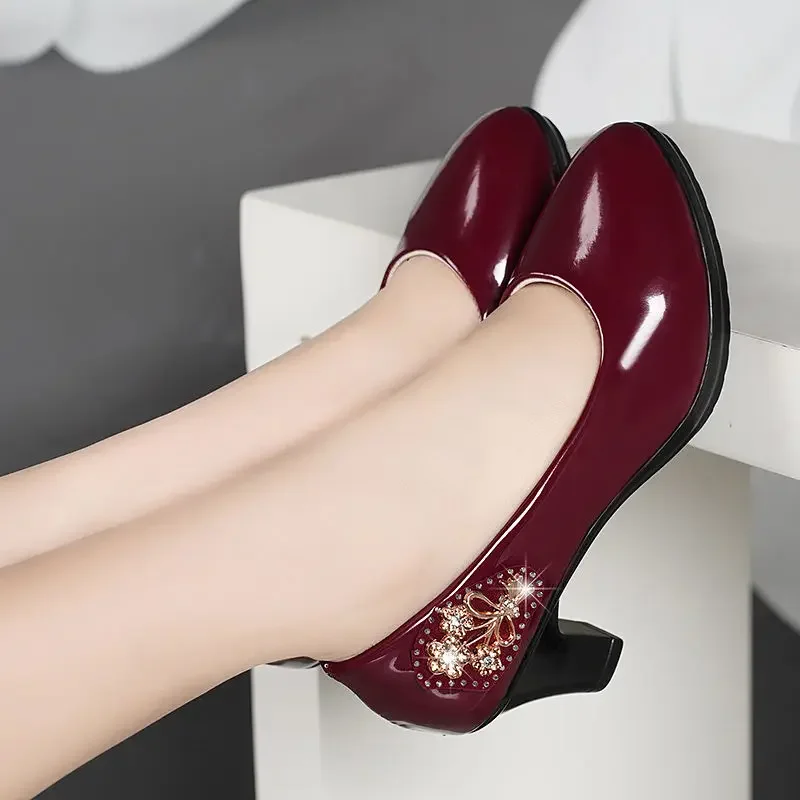 Women Summer Shoes Rhinestones Cute European Stylish Round Toe Black Pu Leather Square Heel Pumps Ladies Casual Wine Red Comfort