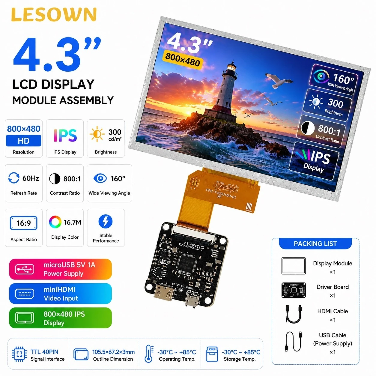 LESOWN 800x480 Resolution LCD Monitor Driverless 4.3" Screen Setup with HDTV Interface for Modding