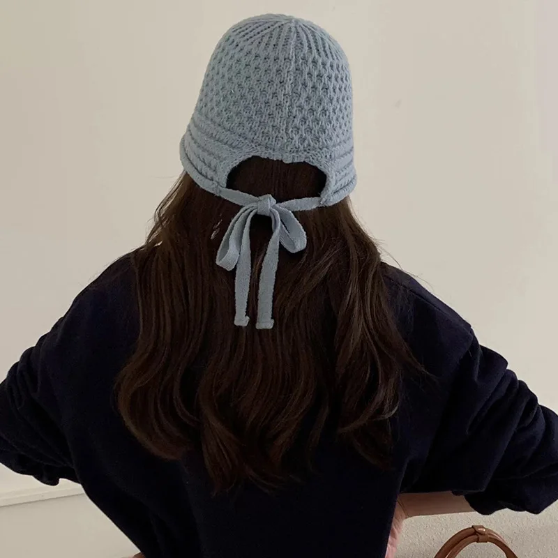 Korean Sweet Strap Knitted Bucket Hats Women Show Face Small Autumn and Winter Travel Versatile Fashion Warm Cute Dome Loli Cap