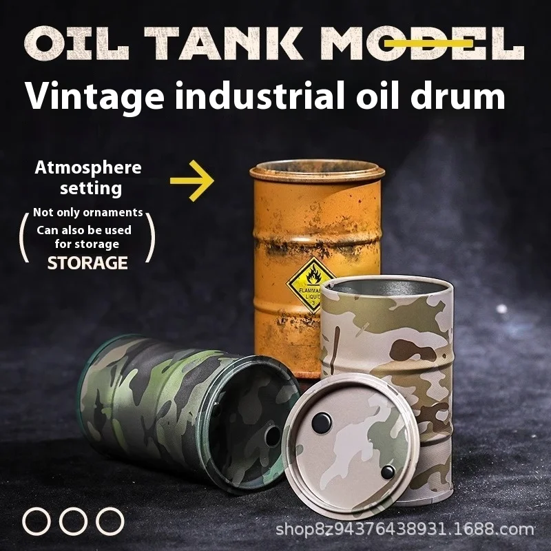 Creative Miniature Oil Drum Model Desktop Scene Iron Sheet Storage Mini Toy Trendy Plaything Desk Decoration Stationery Gift