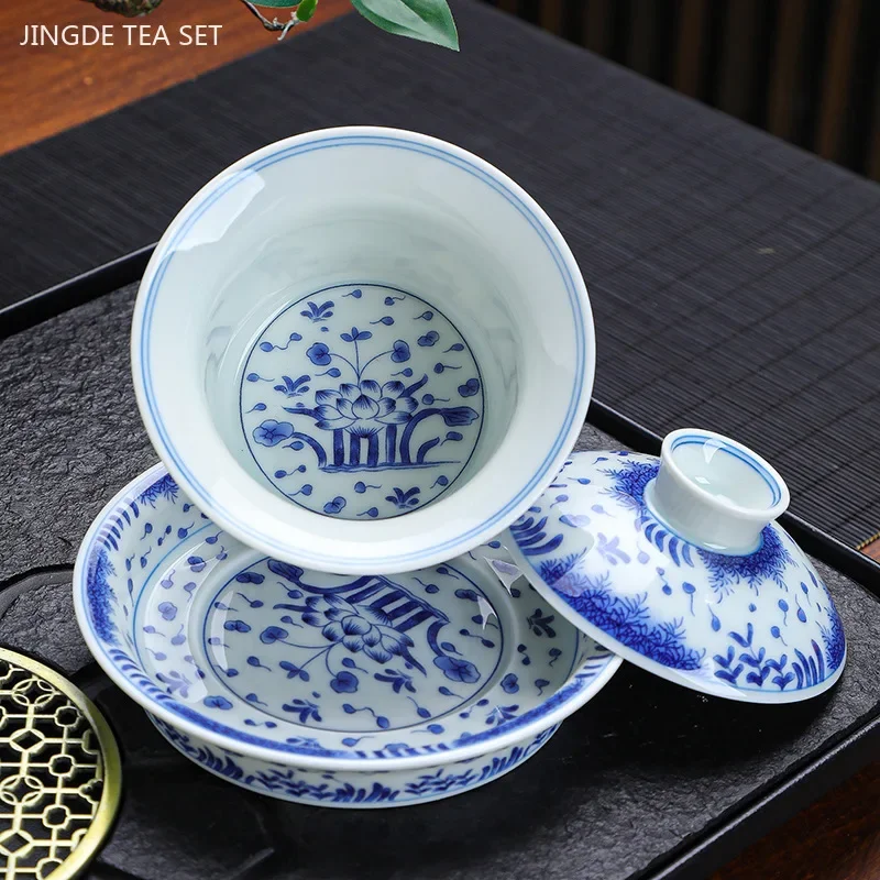 Luxuosa cerâmica gaiwan xícara de chá artesanal tigela de chá chinês azul e branco porcelana acessórios de utensílios de chá drinkware 150ml