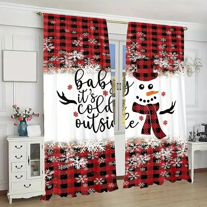 2PCS Digital Print Curtains, Red Black Plaid Snowman Baby It's Cold Outside Text, Rustic Christmas for Living Room Bedroom