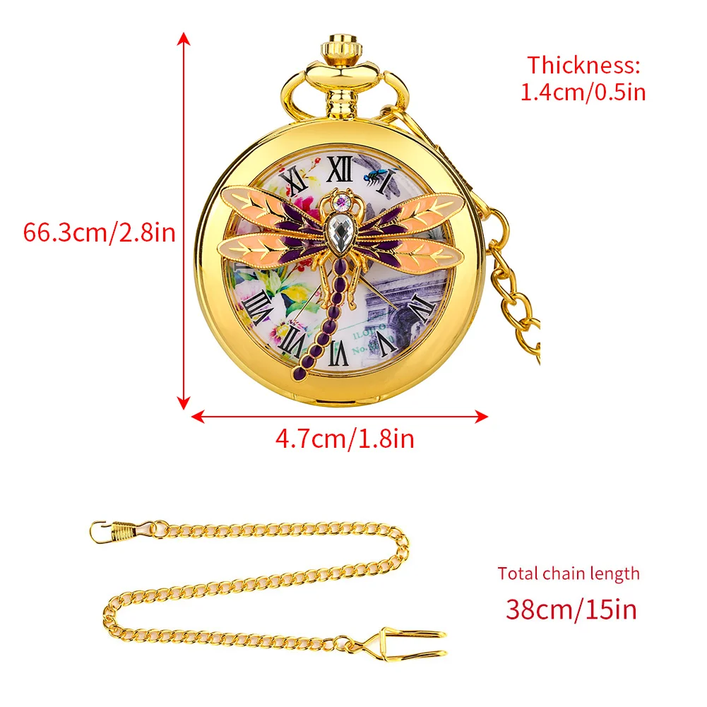 Charm Gold/Bronze Dragonfly/Butterfly Half Cover Quartz Pocket Watch Men Women Elegant Fob Chain Necklace Pendant Pocket Watch