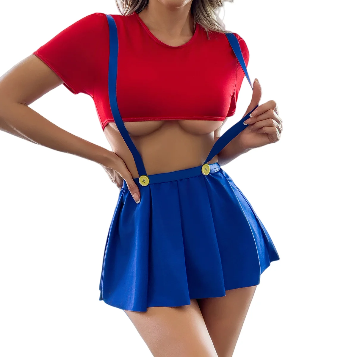 Red Blue Contrast Color Uniform Temptation Sets Woman Short Sleeve Crop Tops And Mini Pleated skirt Erotic Sets Onlyfans Kits