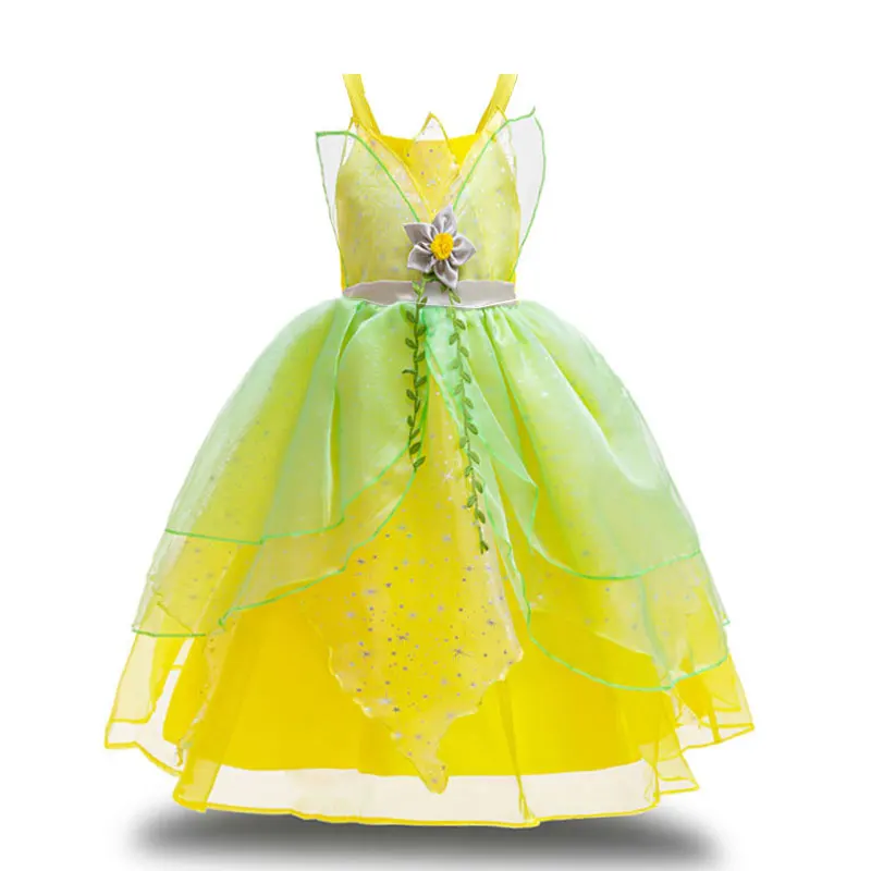 Fairy Tale Princess Costume for Girl Dressy Floral Ball Gown Princess and Frog Cosplay Tiana Halloween Apparel Green Dress 2-10Y image 3