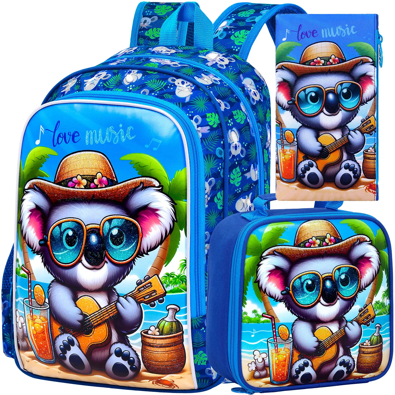 Kid's backpack 16 Inch 3PCS, UV Guitar‑Koala Print Large‑Capacity Lightweight Set, One Backpack, One Handbag, One Pencil Case