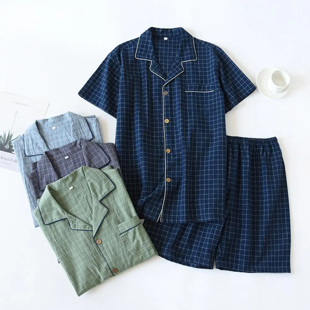 

Two Pieces Set Pajama Set Men Homewear Soft Short Sleeve Casual Thin Comfortable Sleeping Wear Cotton Grid Print Home Wear Set