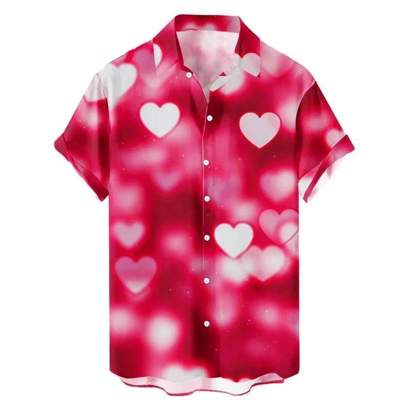 Hart Liefde Print Heren Shirt Zomer Nieuwe Mode Korte Mouw Blouse Knop Valentijnsdag Kleding Party Sociale Jurk Tops