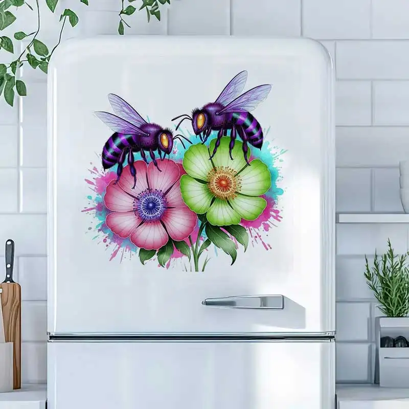 Watercolor Bee Purple Flower Wall Stickers Decal for Bathroom Living Room Cabinet Fridge Home