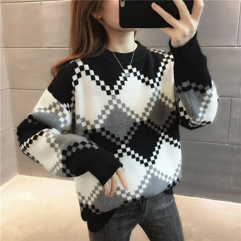 New Autumn/Winter Fashion Korean Edition Spliced Colored Round Neck Loose and Versatile Foreigner Women\'s Long Sleeve Sweater