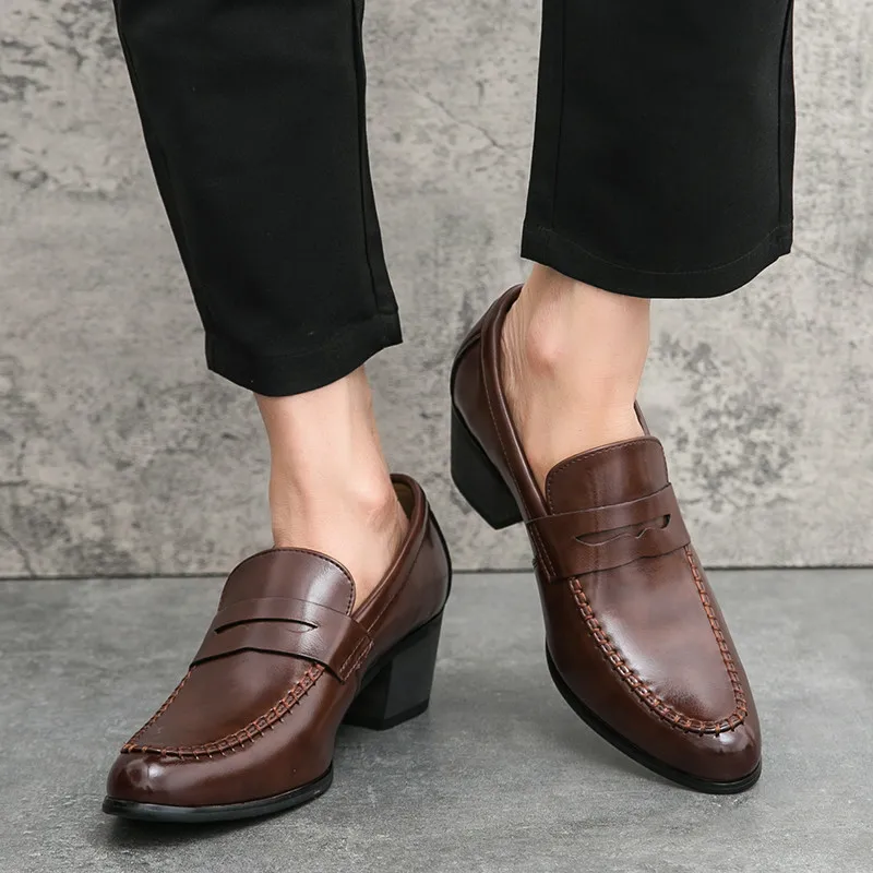 Autumn Brown Men’s Dress Shoes Bussiness Leather Men Heels Shoes Comfy Pointed-Toe Evening Shoe For Men zapatos de vestir hombre