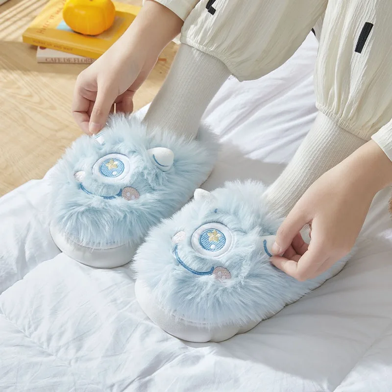Bebealy Cute Cartoon Plush Slippers For Women Fluffy Winter Furry Animal Home Slippers Indoor Fuzzy Couple Casual Cotton Slipper