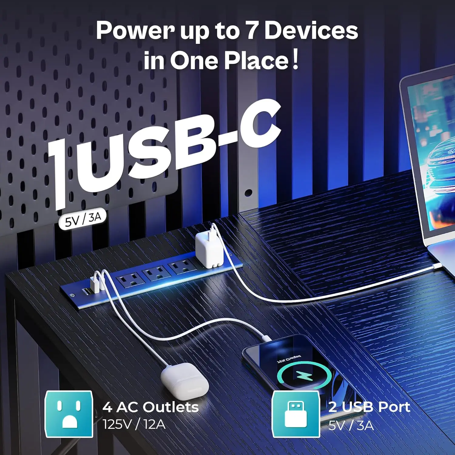 L Shaped Gaming Desk with Shelves, Corner Computer Table with LED Lights, Power Outlets and USB-C Ports, 50 Inch Reversible Home