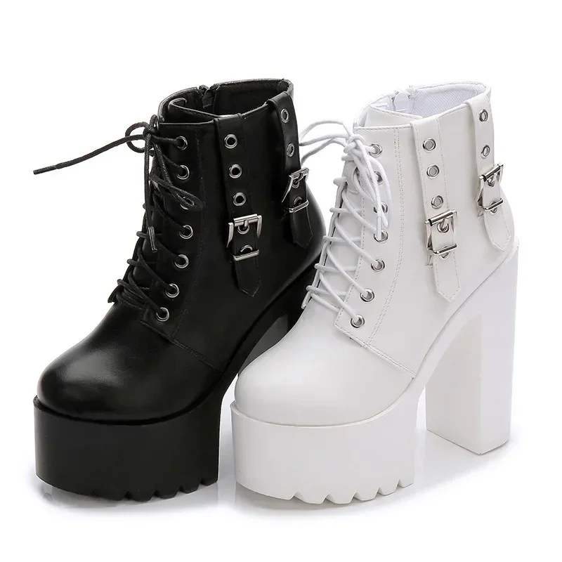 Women\'s Goth Platform Boots Sexy Round Toe Block Heeled Shoes Buckle Strap Ankle Boots for Women Punk Style