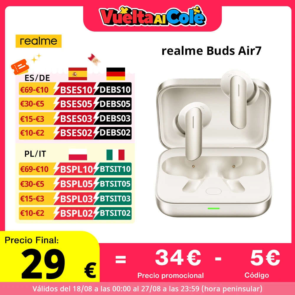 Versione globale realme Buds Air 7 52dB Smart Active Noise Cancellation 12,4mm Deep Bass Driver Bluetooth5.4 360° Spatial Audio Effect IP55 Earphone