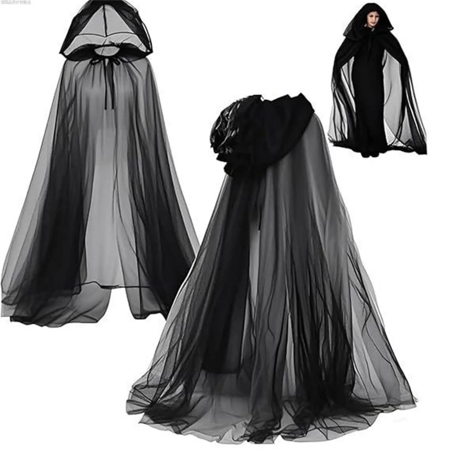 

Halloween Cosplay Long Hooded Witch Costume Cool Mesh Universal Cape for Women Straight Hair Party Stage Performance Traditio...