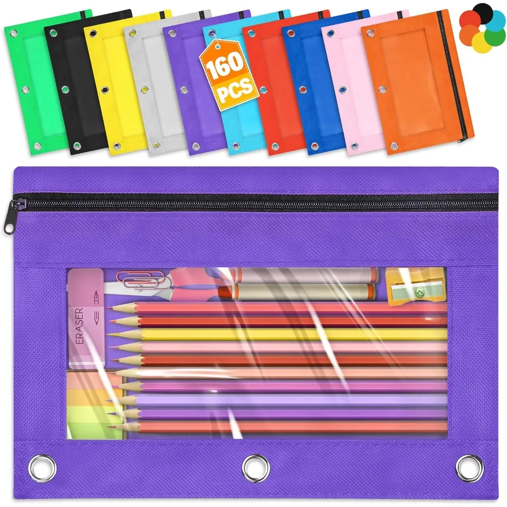 

Pencil Pouch for 3 Ring Binder, 160 Packs Zipper Pencil Pouch Bulk in 10 Colors, Pencil Case for Binder with Clear Window