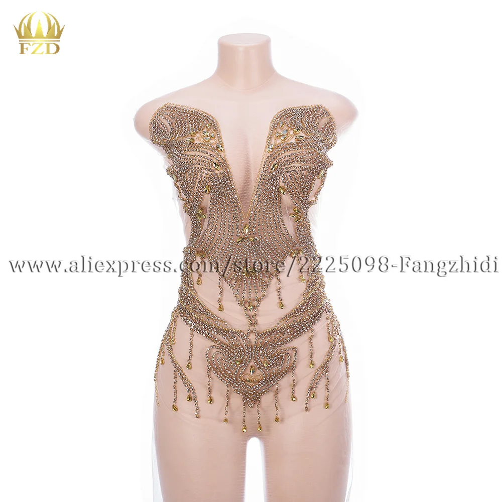 

FZD 1 PCS Embroidery Handmade Gold Rhinestones Applique on Mesh Iron on Crystal Beads Lace Bodice Patches for Dress Wedding DIY