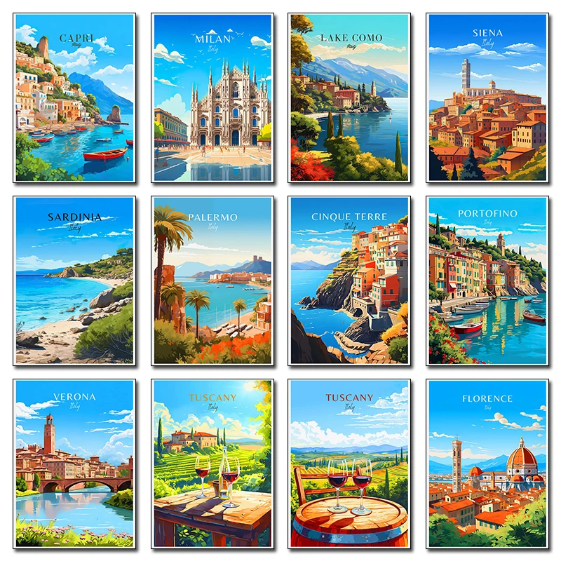 Italy City Travel Poster Paris Rome Milan Tuscany Venice Sardinia Canvas Painting Wall Art Picture for Living Room Home Decor