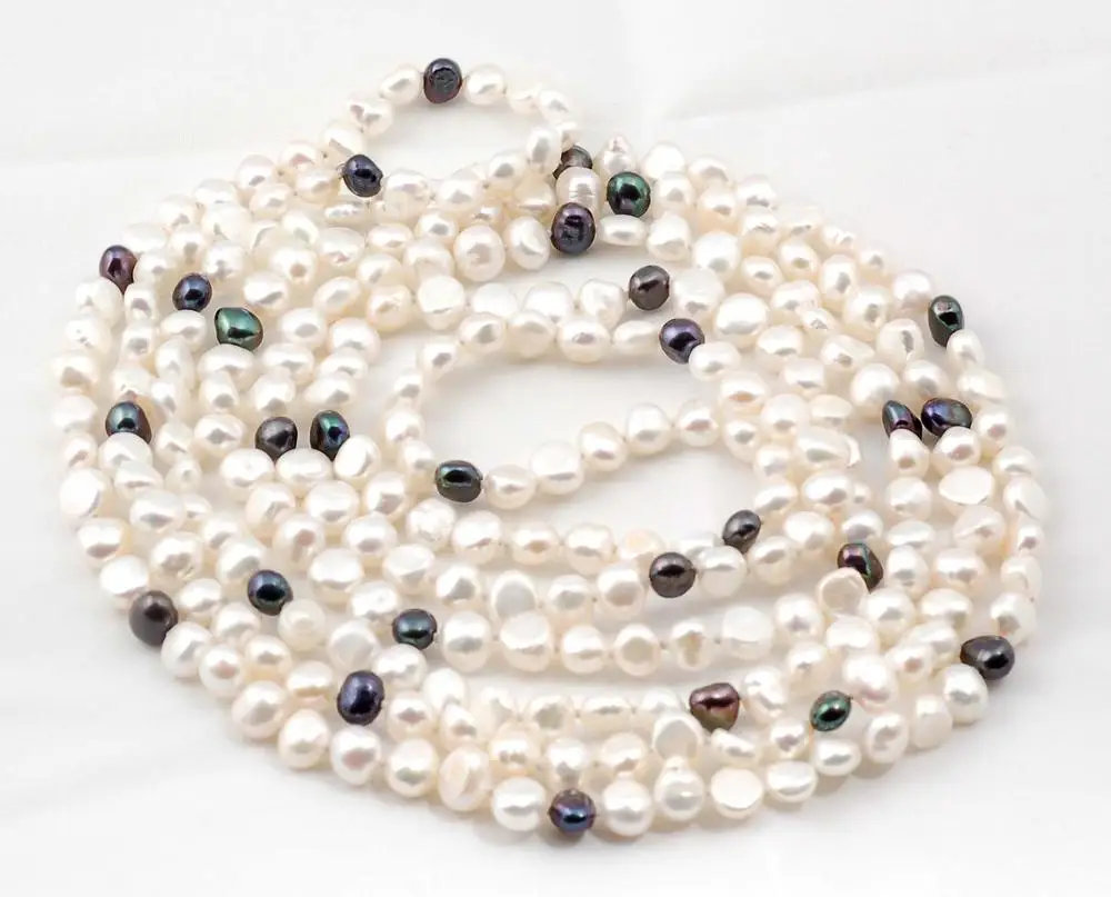 freshwater pearl necklace white black baroque 8-10mm  120cm  wholesale nature beads  discount gift