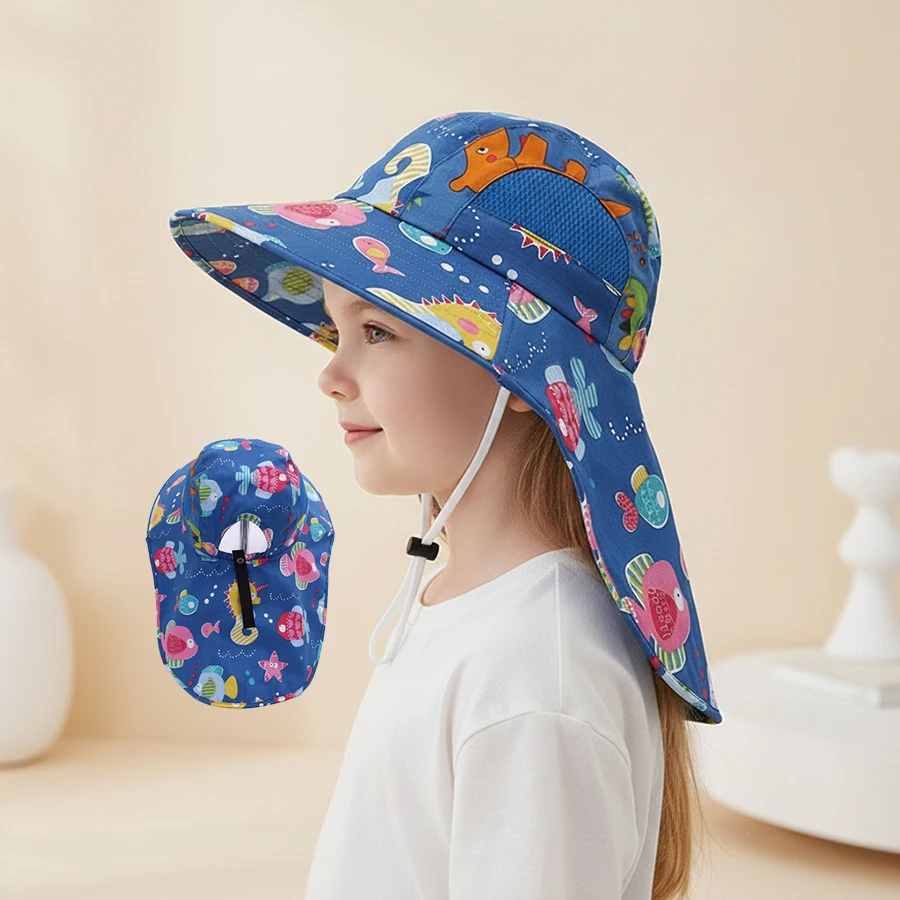 

Children's cartoon pattern sun hat with brim for boys and girls, summer sun protection and shade fishing hat