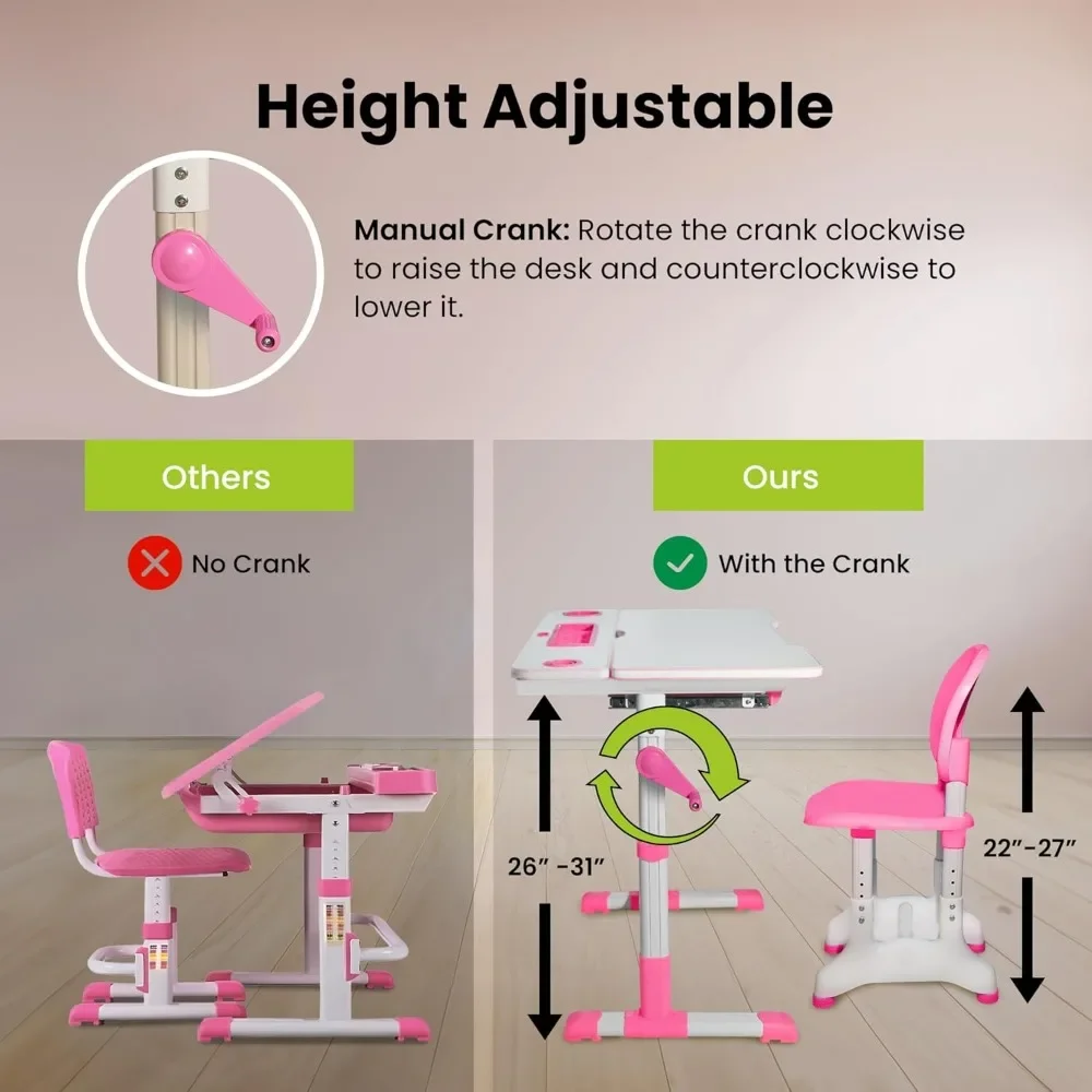 Kids Desk and Chair Set for Ages 4-12, Height Adjustable Children's Study Table, Student School Desks with Lamp, Pencil Case