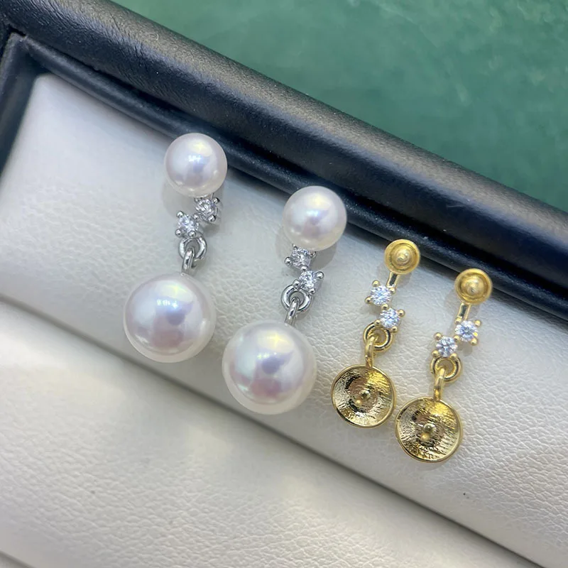Luxury Fashion Women Brass Gold Filled Double Pearl Micro Pave CZ Blank Setting Handmade Findings For DIY Stud Earrings