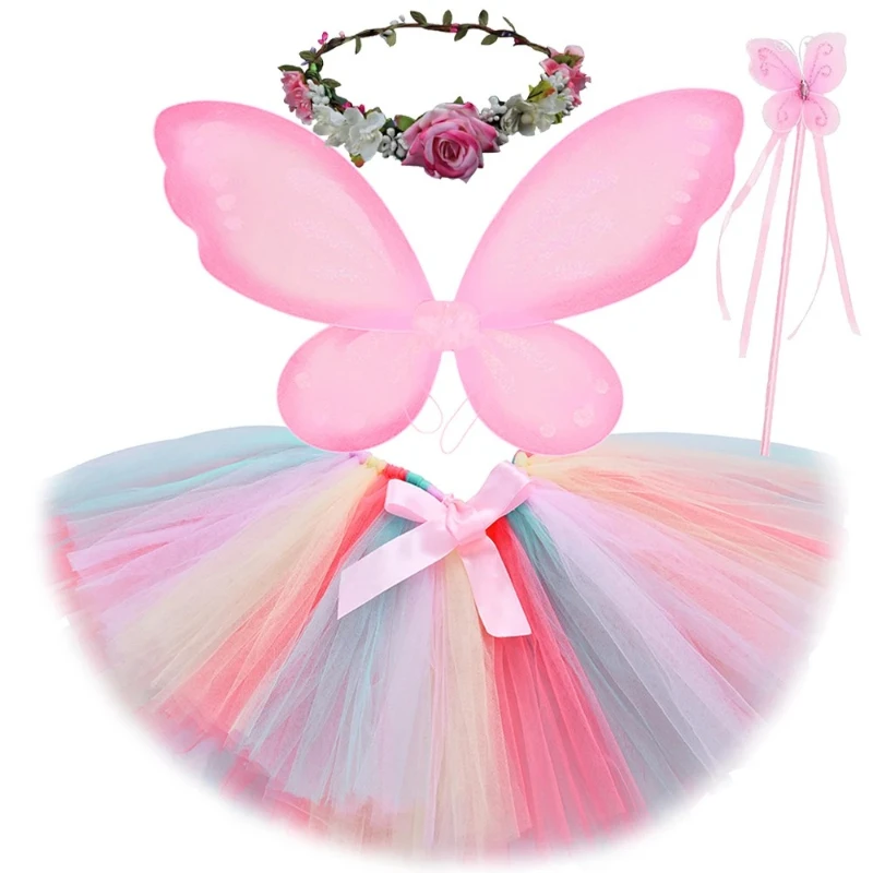 Fairy Tutu Skirt Pastel Pink Outfit for Girls Kids Princess Ballet Tutus Set Woodland Elves Dress Up Costumes with Wings Garland