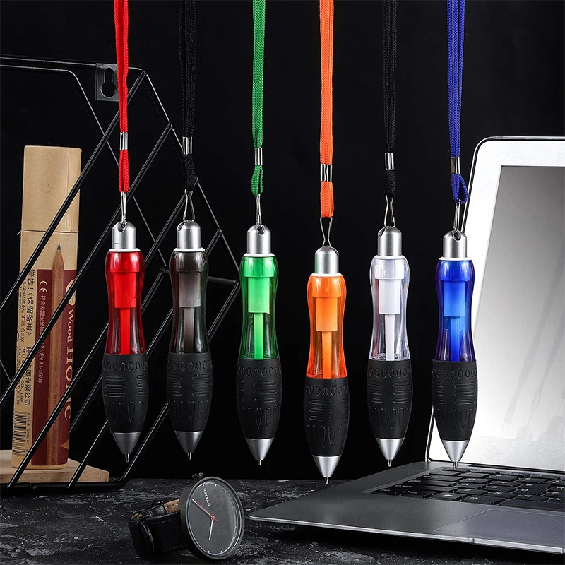 20Pcs Big Weighted Fat Pens Retractable Blue Body Ballpoint Pens with Hanging Rope Large Wide Grip Pens