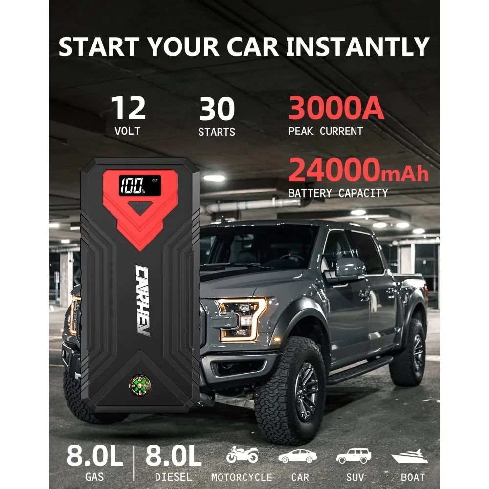 3000A Jump Starter، 24000mAh بطارية السيارة Jump Starter (حتى 8.0L الغاز ومحرك الديزل 8.0L) بطارية البلوز المحمولة، 1
