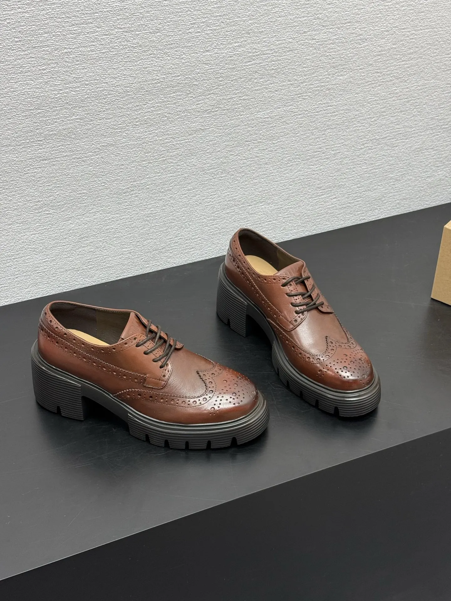 

Women Genuine Leather Platform Brogue Oxfords Shoes Chunky Heel Comfortable Loafers