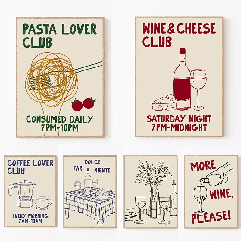 1pc frameless Canvas Painting Hand Drawn Kitchen Moka Pot Coffee Pasta Lover Wine and Cheese Food Print Wall Art Canvas Painting