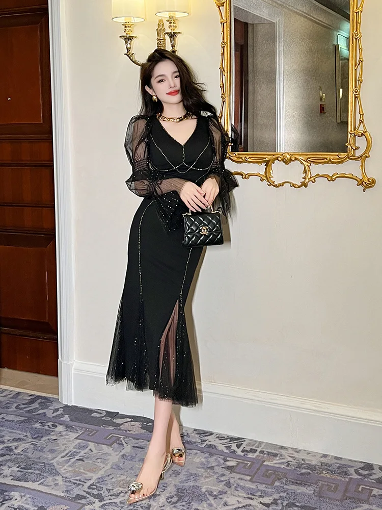 

Coigarsam Dress Women New Office Lady French Style Patchwork Solid Lantern Sleeve Zipper Mesh V-Neck Black Dresses