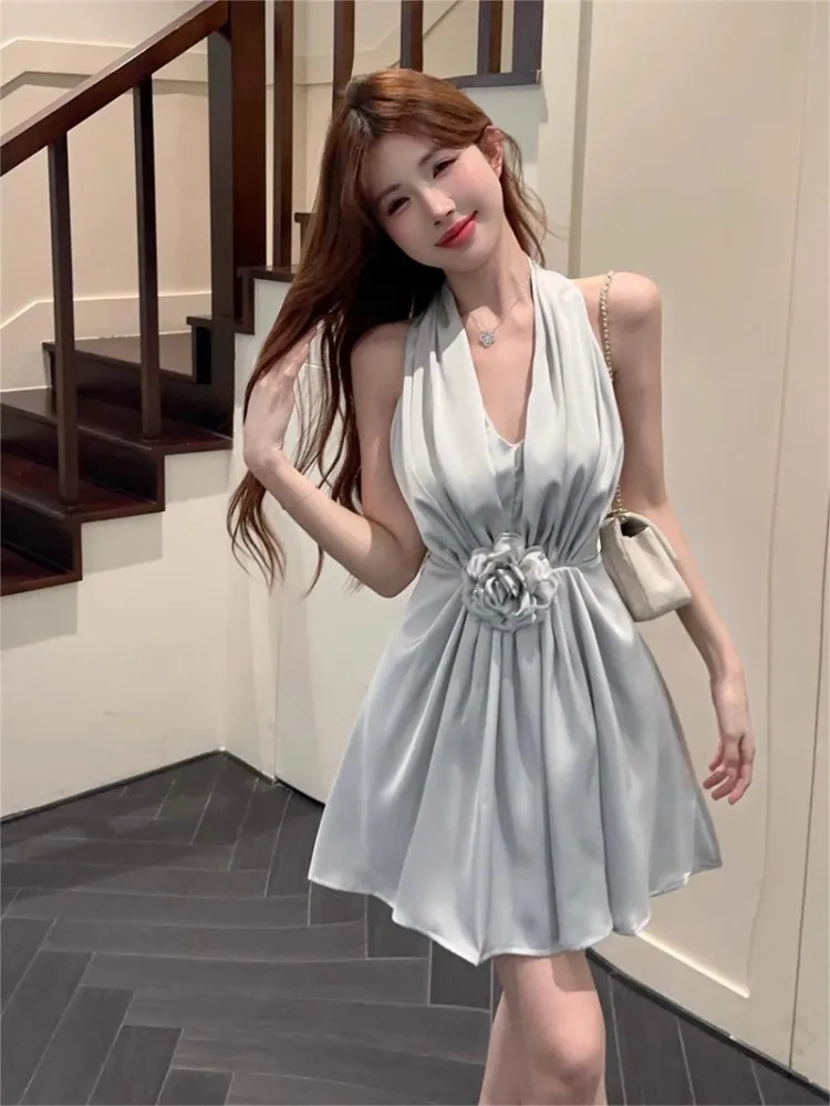 Topanoma Wedding Party Evening Dresses Women Sleeveless Halter Flowers Satin Slim Birthday Cocktail Mini Dress Banquet Elegant