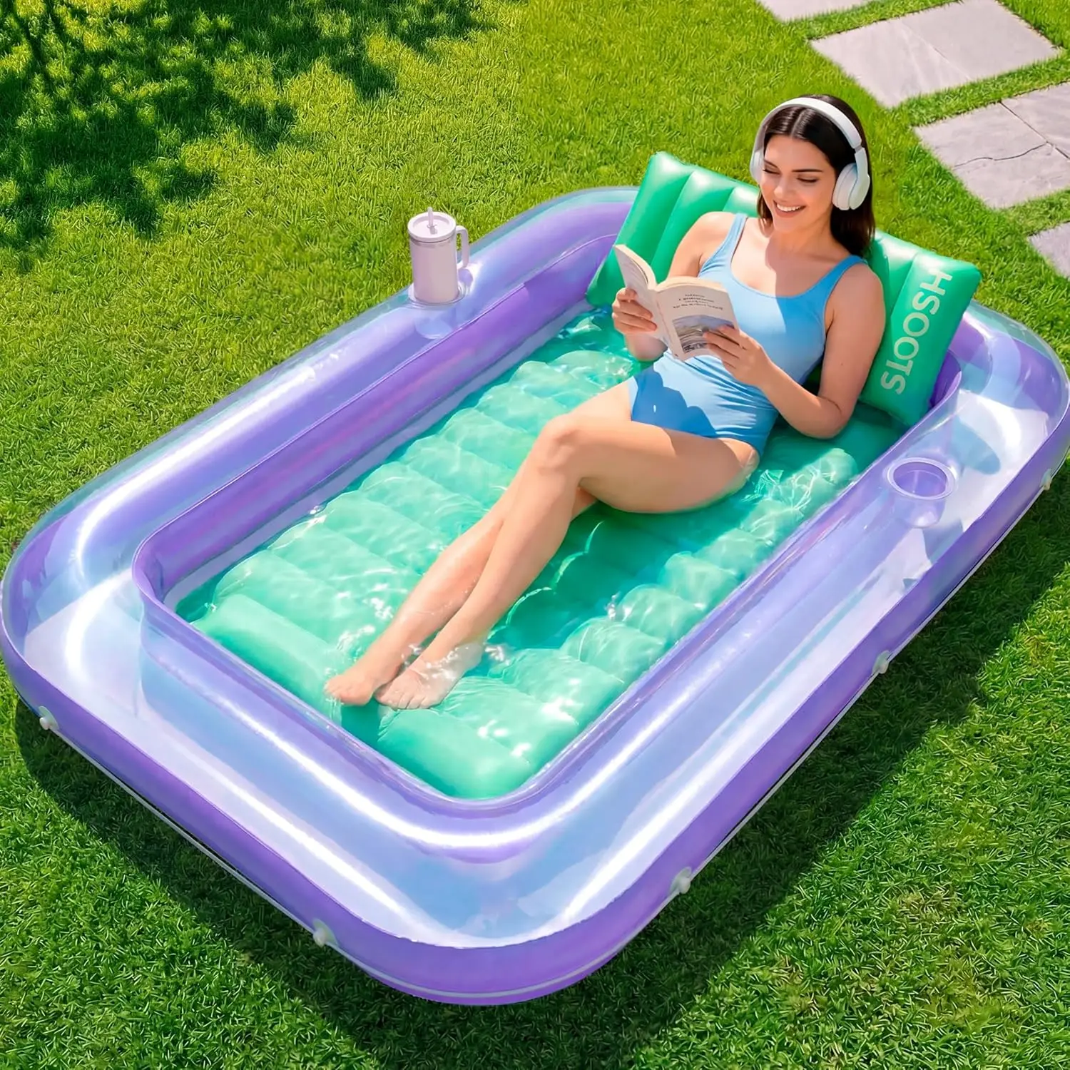 

Inflatable Tanning Pool Lounger Float, 70" x 46" Pool Floats Adult with Pillow, 4 in 1 Suntan Tub Raft Floatie,Sunbathi