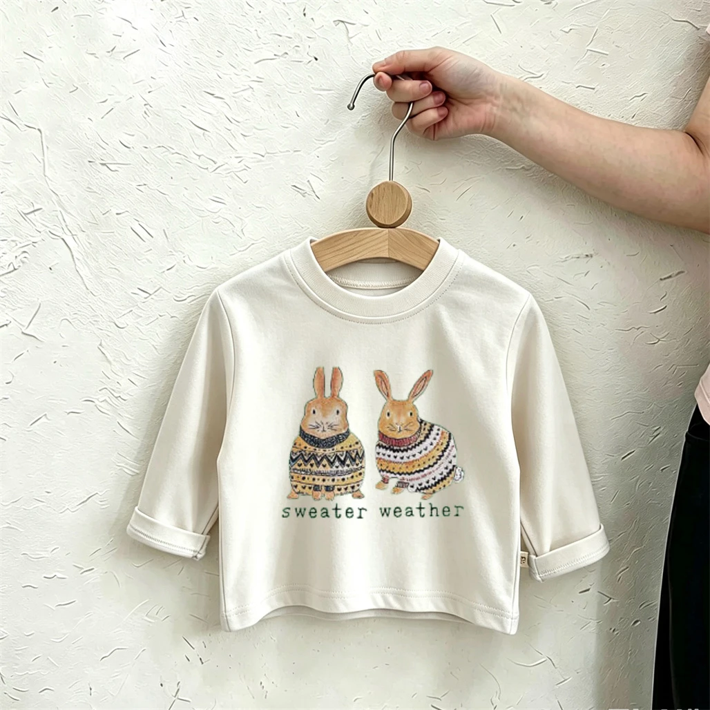 Beige Long Sleeve T-shirt Rabbit Print Tees Baby Boys Girls Cute Fashion Clothing Thin Pure Cotton Wear Kids Round Neck Tops
