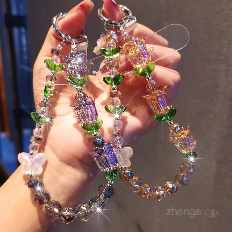 كريستال توليب الهاتف الحبل مطرز سلسلة تصميم قصير مناسبة للاستخدام في الهواء الطلق مع مقطع