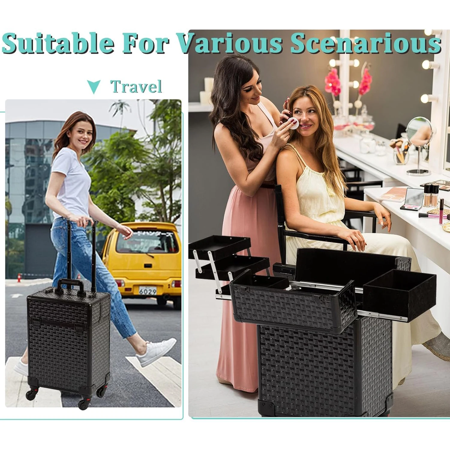 حقيبة عربة المكياج المتداول الأمتعة ماكياج الأدوات تخزين حقيبة التجميل حقيبة قطار السفر على عجلة مسمار الوشم صندوق عربة #3