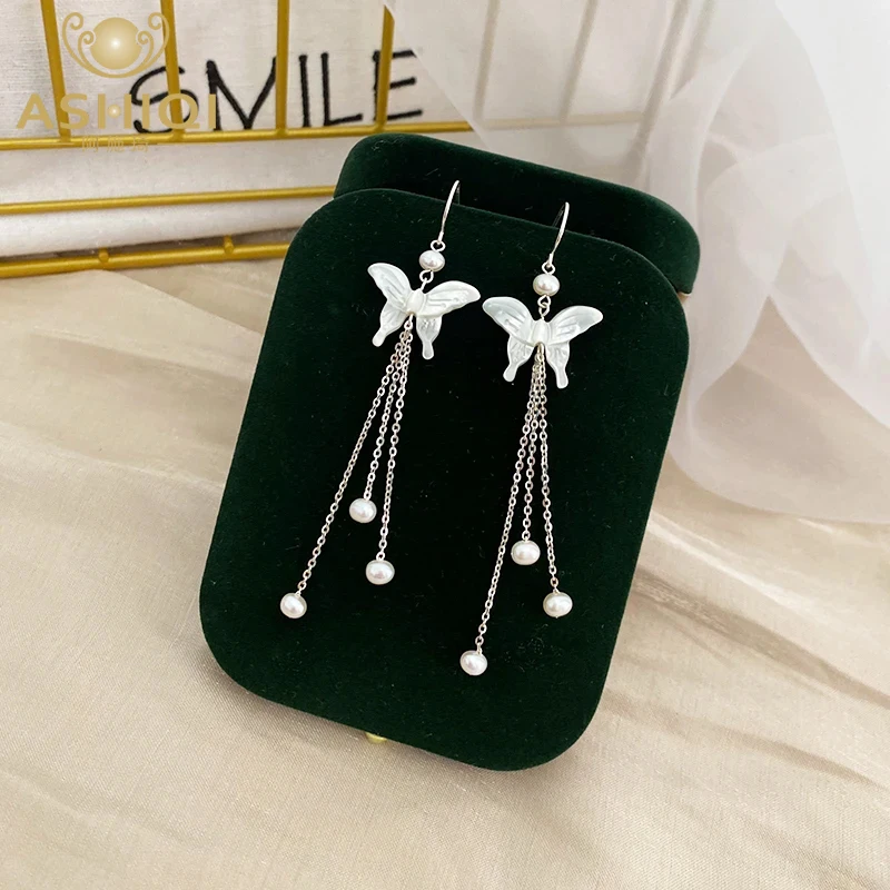 

ASHIQI Natural Freshwater Pearl Butterfly Long Earrings 925 Sterling Silver Women Jewelry New Trend