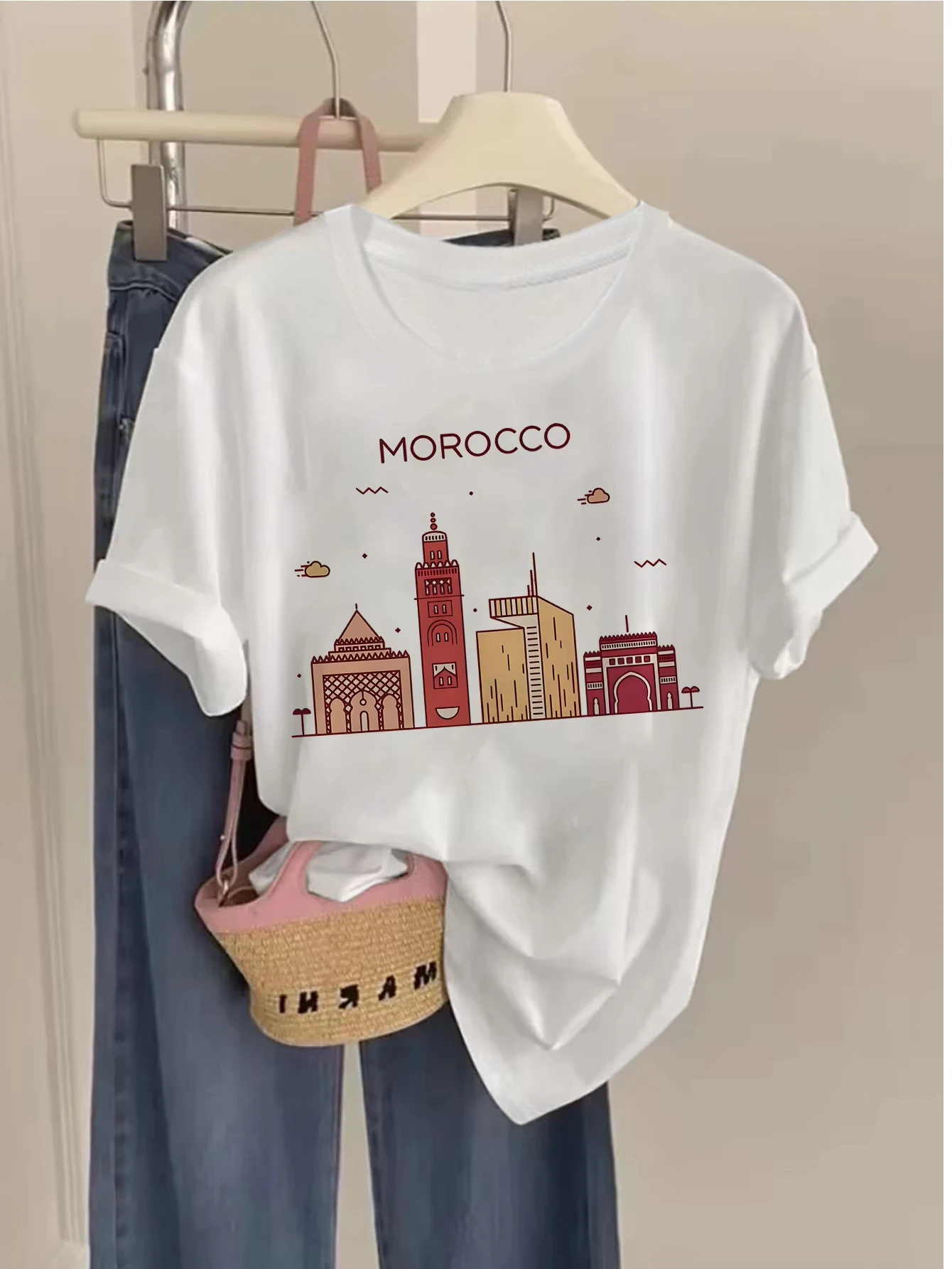Morocco Architecture Silhouette Printed Sleeved Round-Neck Suitable for Summer and Spring Women'S Clothing Aesthetic Clothe