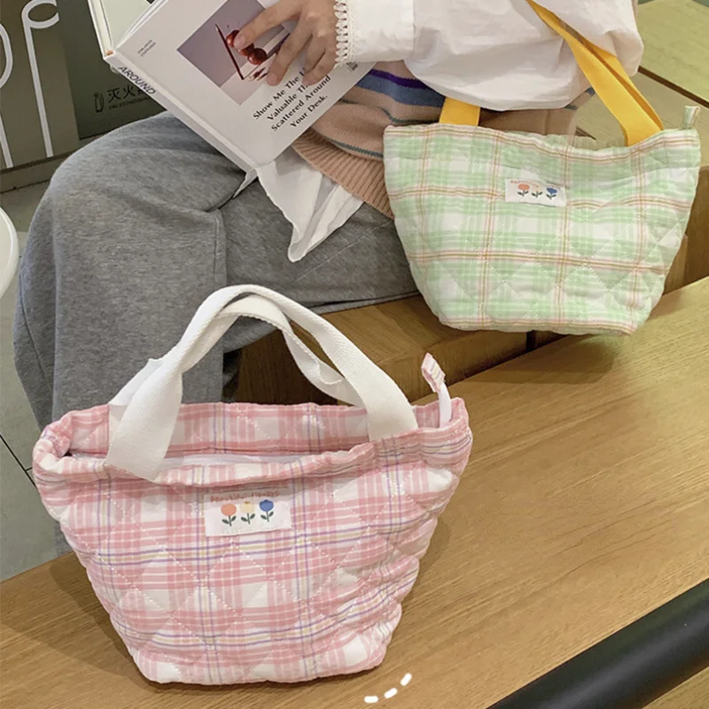 Plaid Lunch Bag Women Thermal Big Capacity Drawstring Lunch Box Tote Food Bags Office Worker Portable Insulated Food Storage Bag